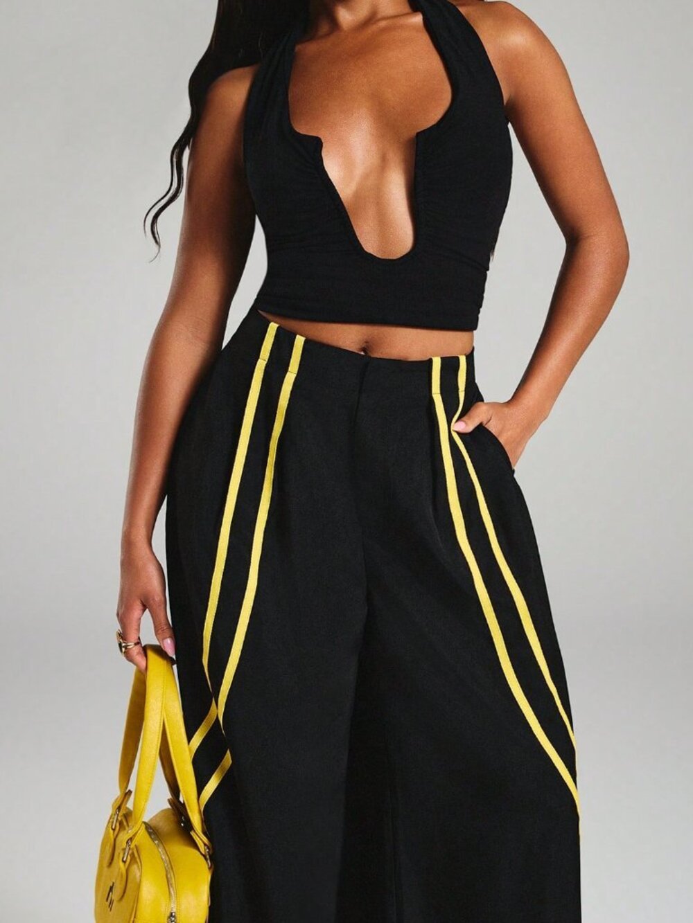 Black Elegant Women's Striped High Waist Wide Leg Pants - Picture 3 of 7